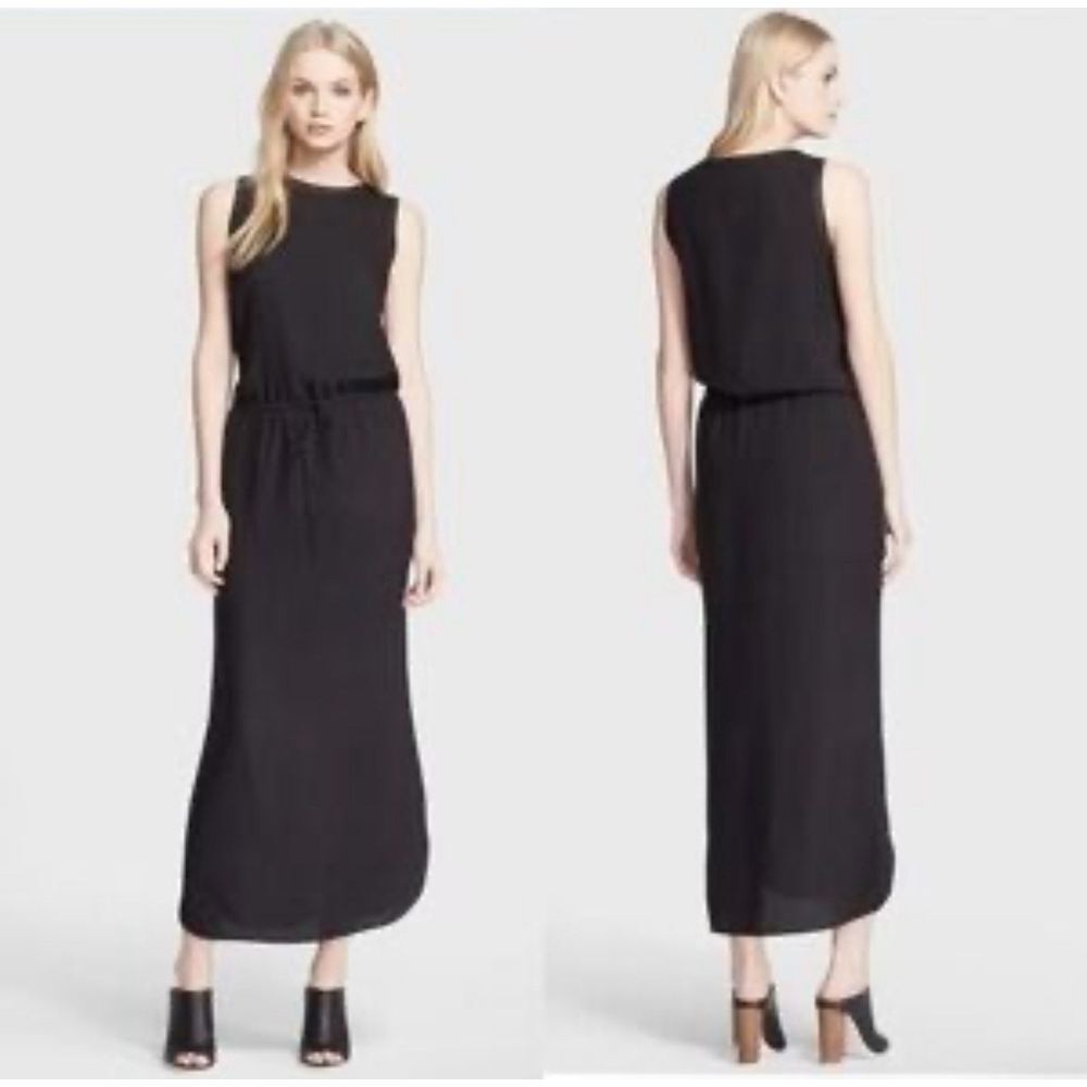 Vince Silk Jacquard Blouson Maxi Dress Black Sleeveless Small Drawstring Boho EC